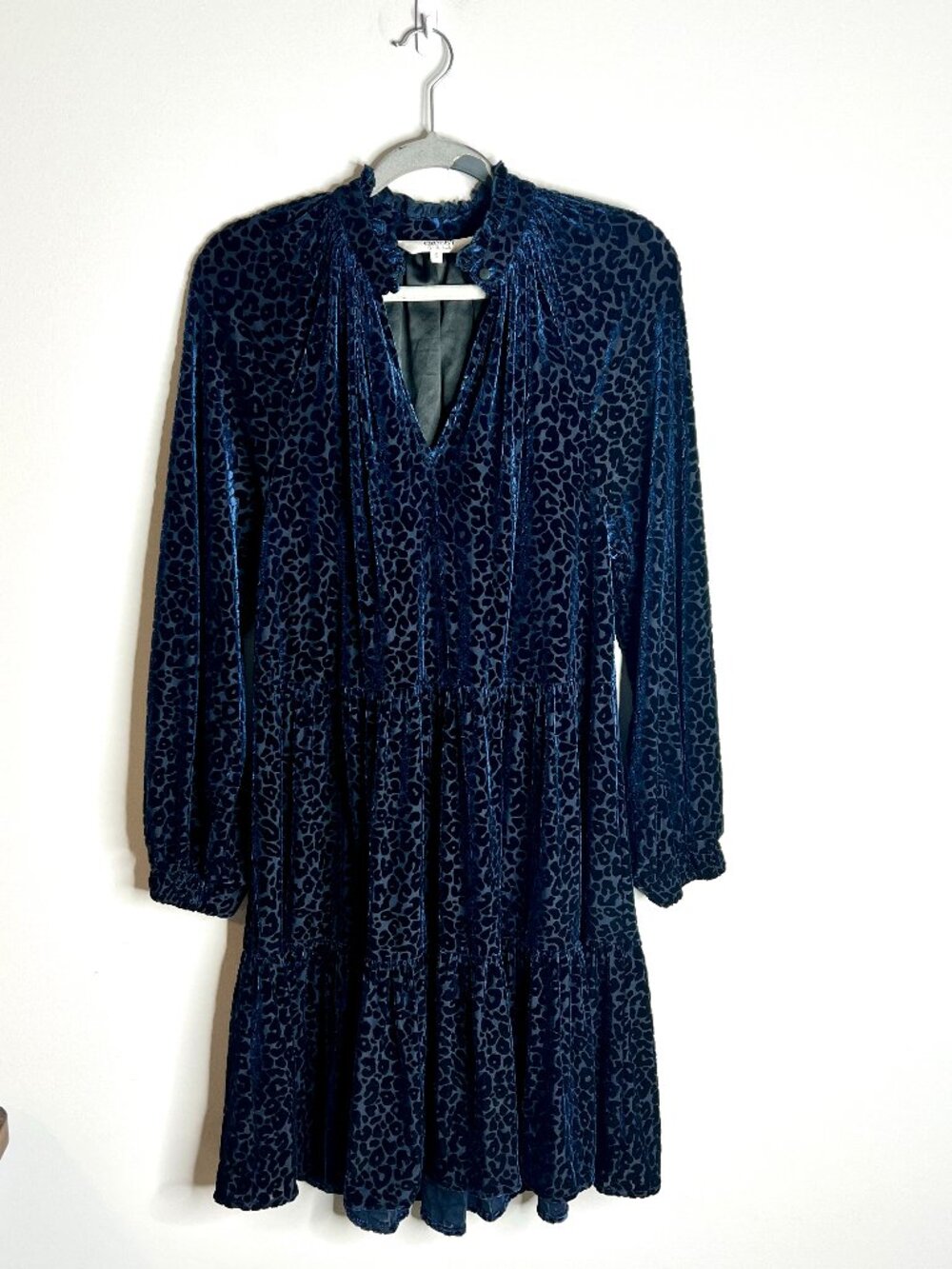 Crosby by Mollie Burch Burnout Velvet Navy Blue Leopard Print Tiered Dress Sz S